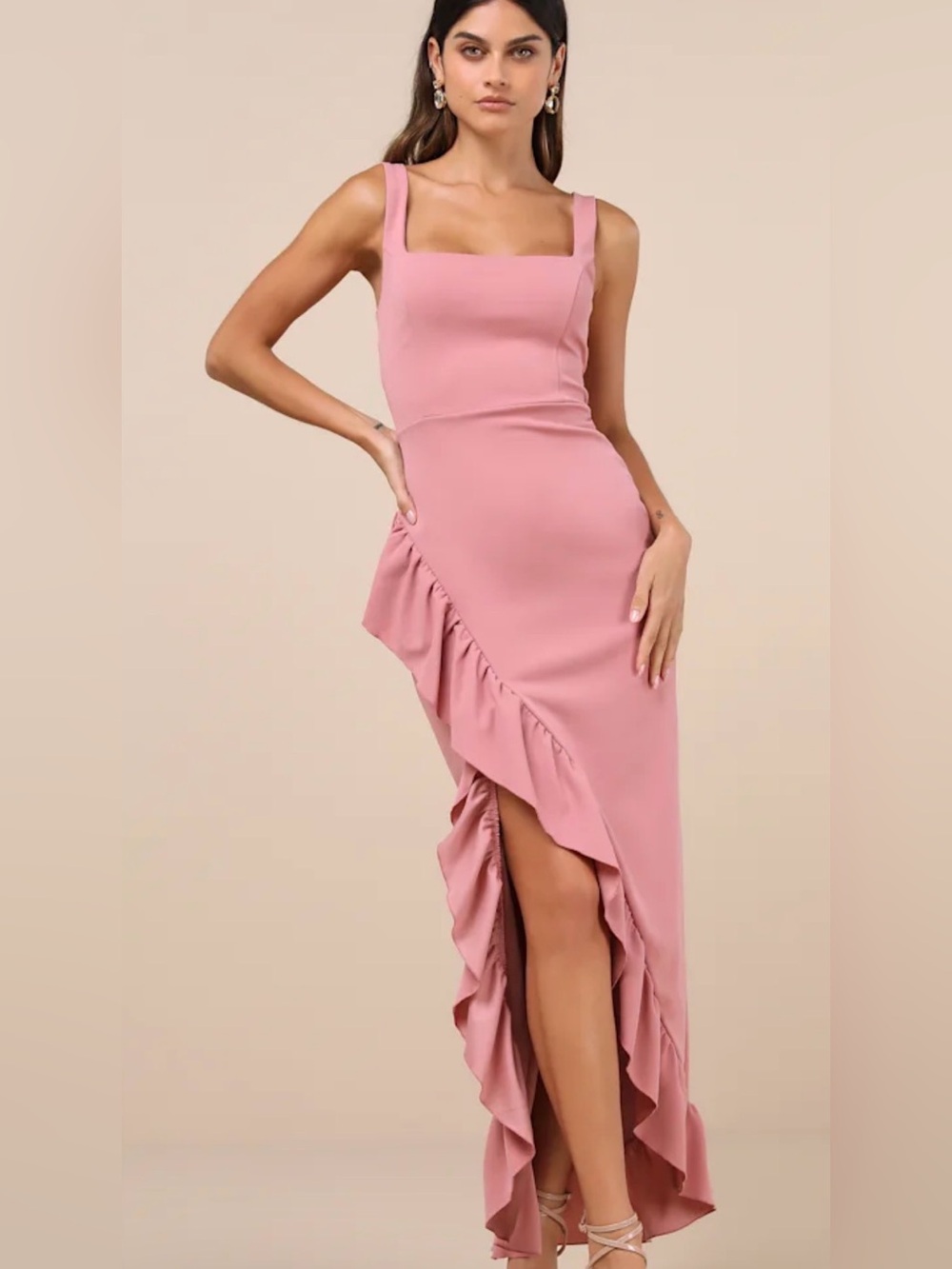 Lulu's Dusty Rose Square Neck High-Low Ruffle Dress